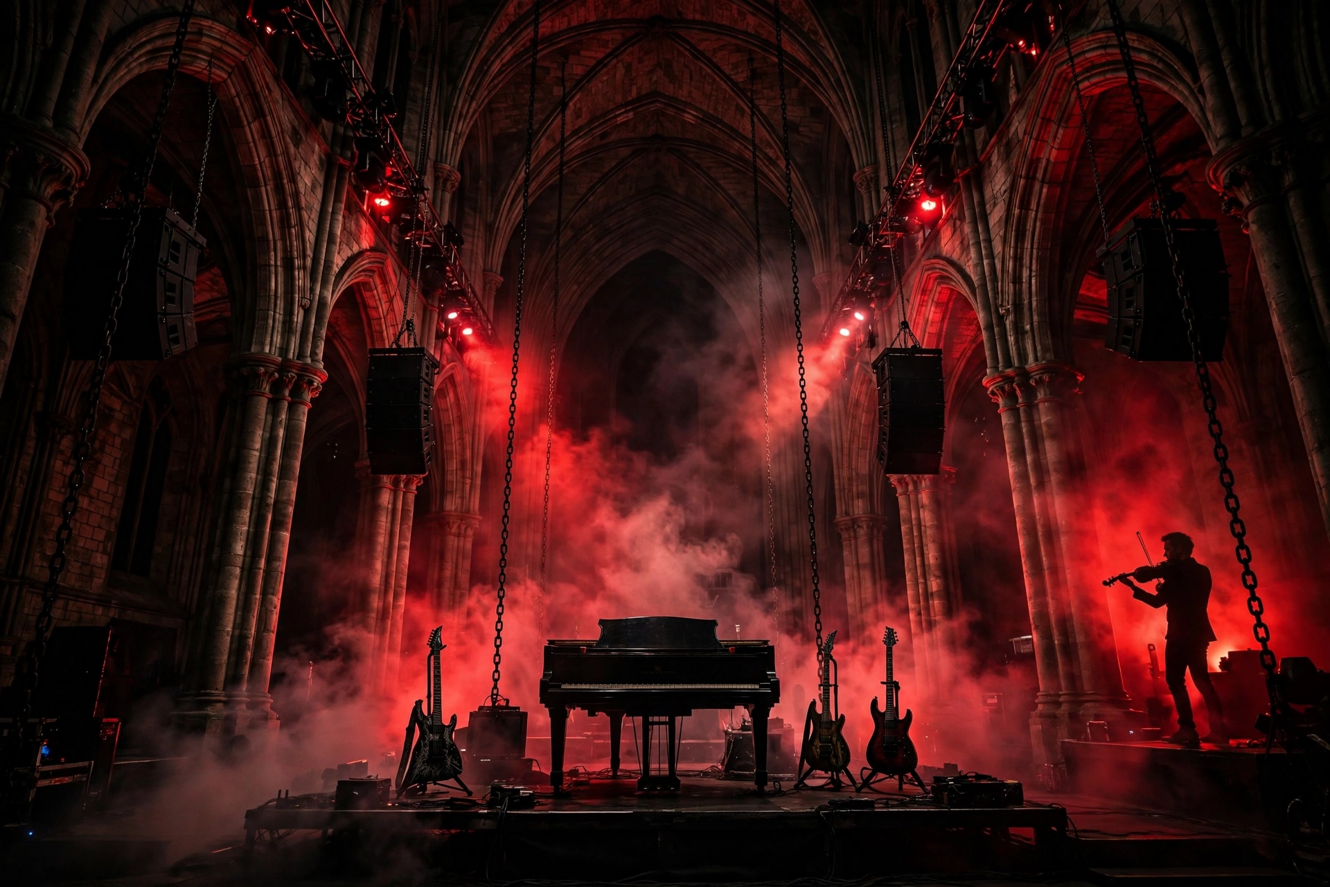 A grand piano and guitars on a stage inside a dark cathedral, lit in red with chains hanging from the vaulted ceiling